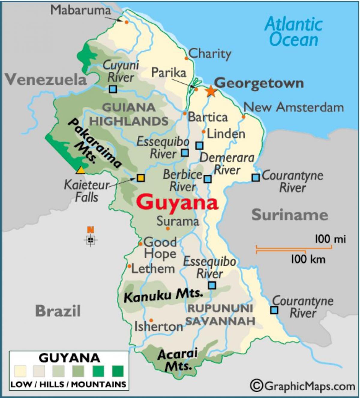 ramani ya Guyana kuonyesha ni kati ya mlima