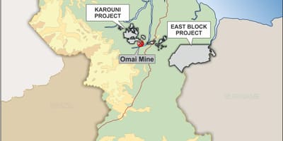 Ramani ya Guyana kuonyesha rasilimali za madini